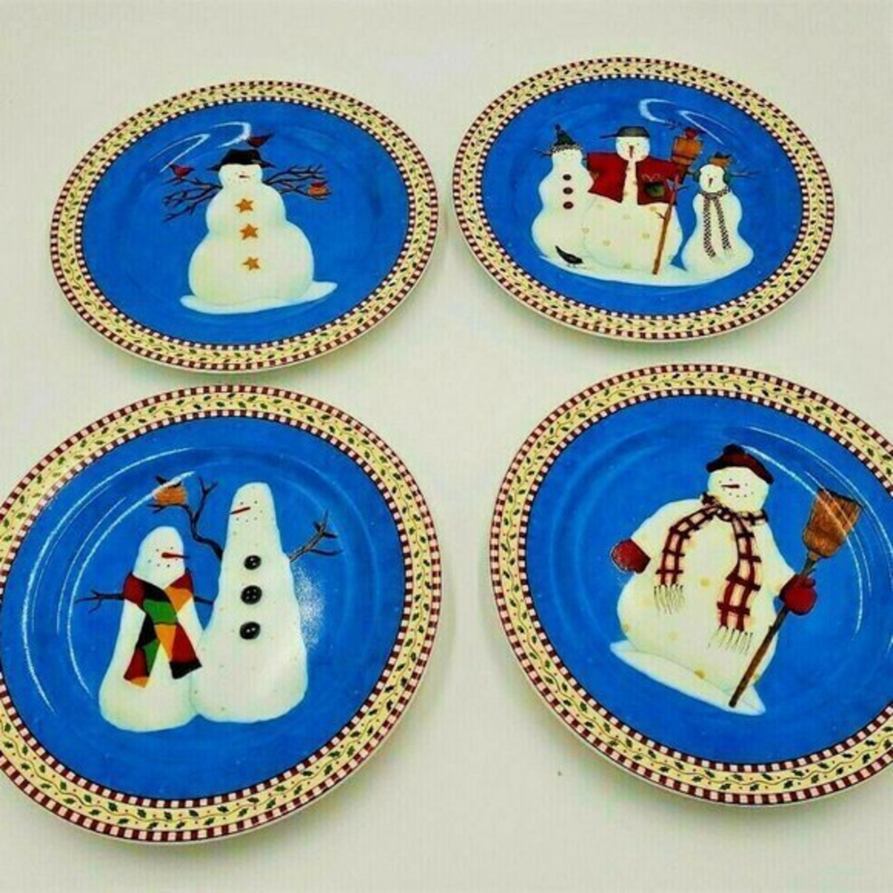 NIB Vintage Sakura Debbie Mumm‎ Snowman Christmas Dessert/Salad Plates Set of 4